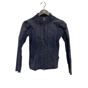 Effeci Jacket Size Small Zip Up Ribbed Denim Long Sleeve Navy Blue Mixed Media